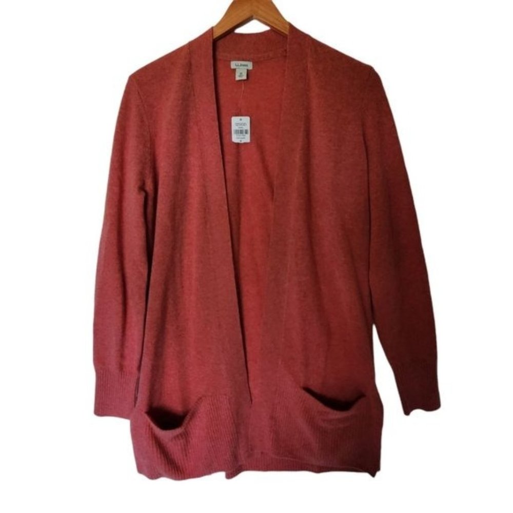 LL Bean Classic Cashmere Open Cardigan with Pockets Orange M Medium NWT